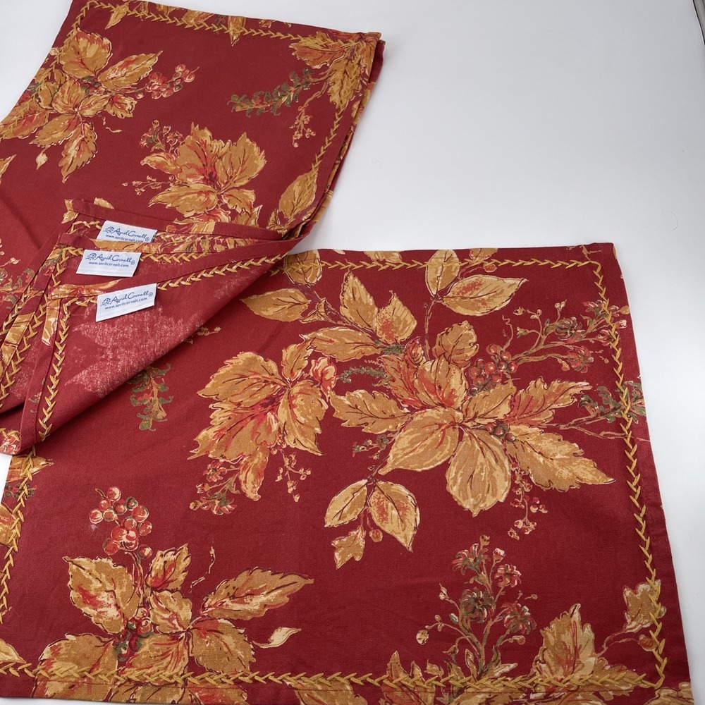 April Cornell 4 Placemats Fall Leaf Berries Pattern Red Gold Orange 13.5 x 18.5"